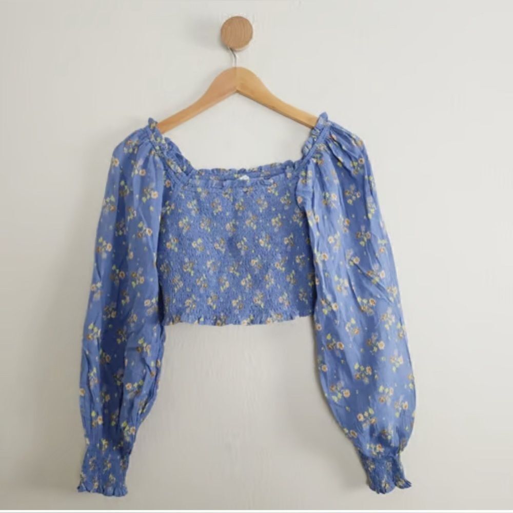 Aerie‎ BOHO smocked blue floral cotton crop top size medium